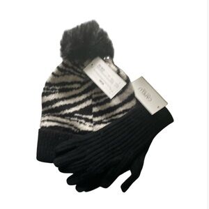 Capelli New York Zebra Print Knit Beanie Hat with Pom and Matching Gloves Set